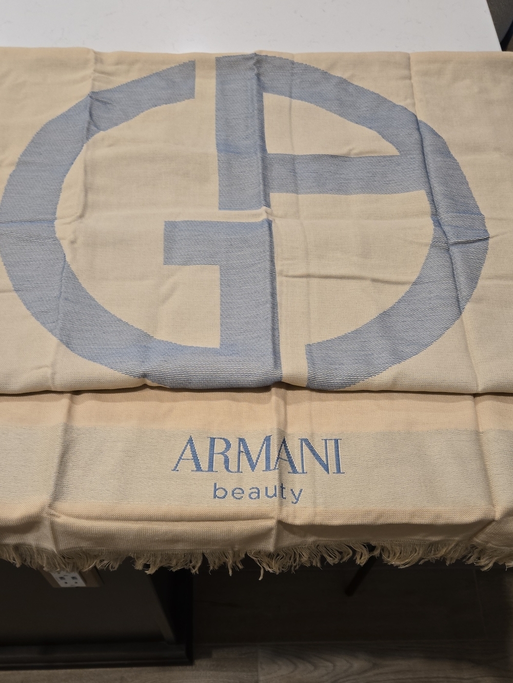 New Never Used Giorgio Armani Cream Beach Towel with Light Blue Logo